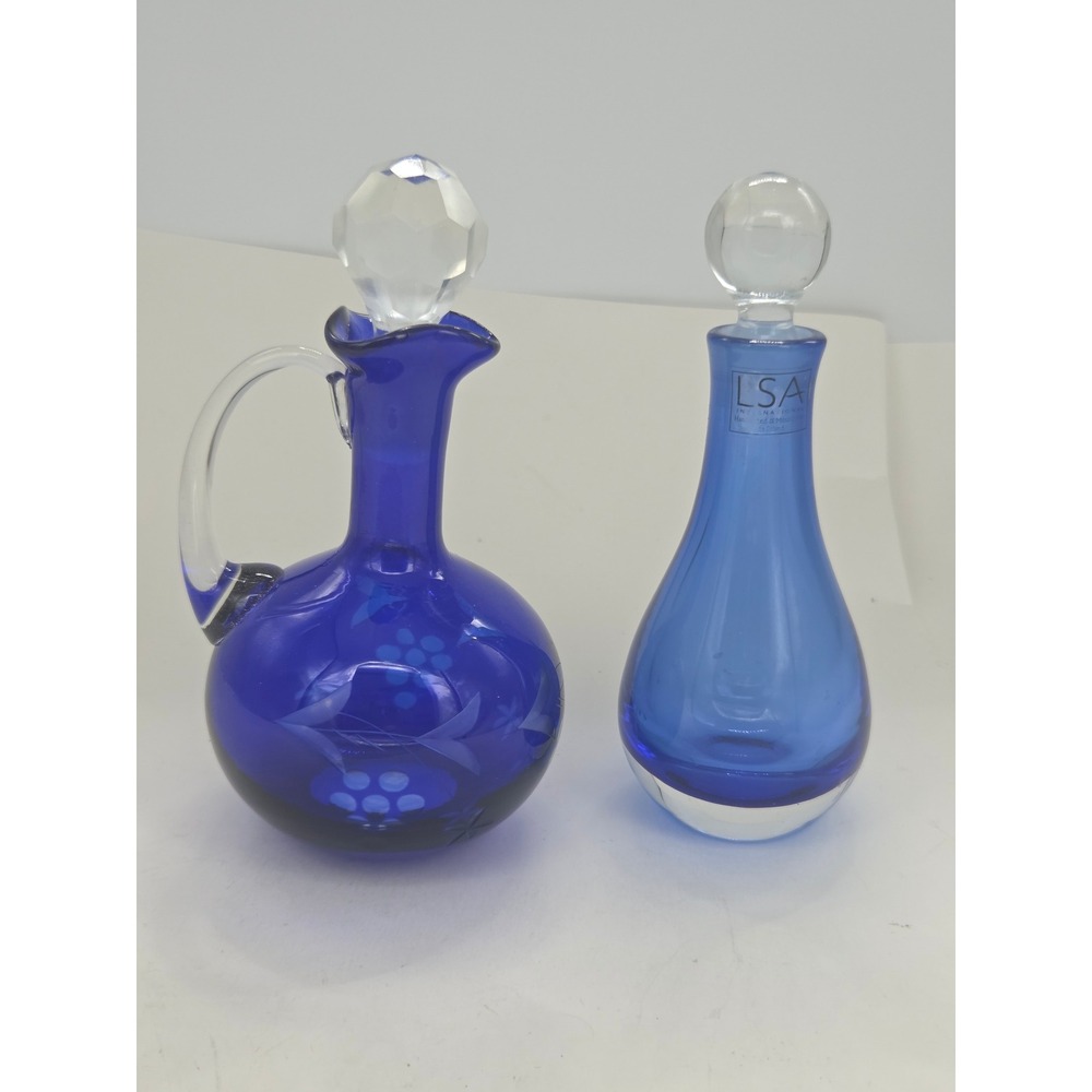 LSA International Blue Glass Decanter & Etched Cobalt Cruet Set with Stoppers